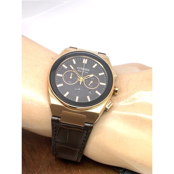 Citizen Mens Watch CA4583-01E Eco Drive Chronograph Rose Gold Brown Leather Band - Picture 6 of 15